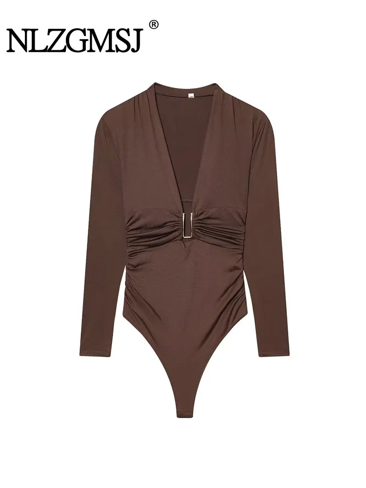 

NLZGMSJ Women Sexy Bodysuits V-Neck Slim Backless Long Sleeve Bodysuits New Fashion 2025 Autumn Jumpsuits