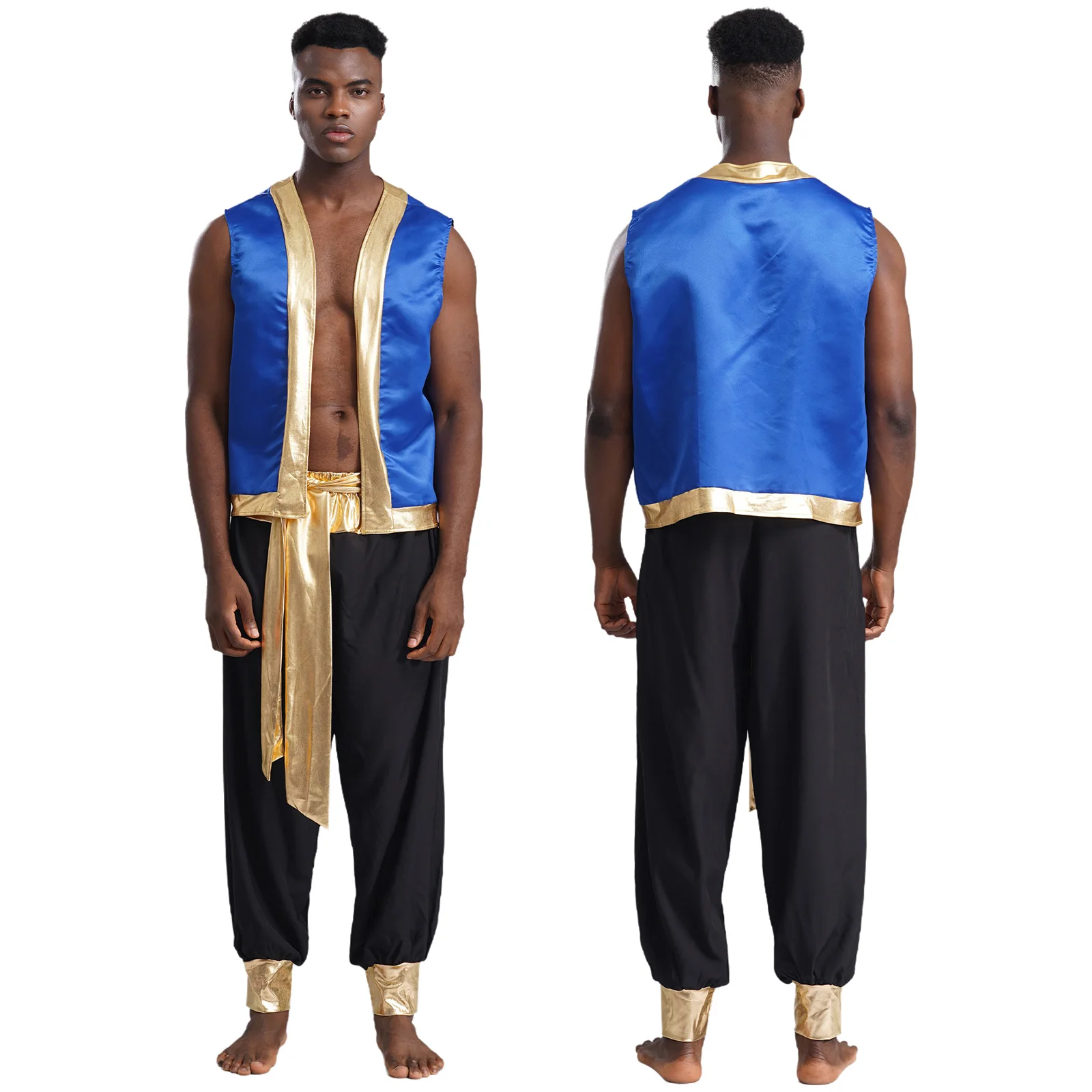 Mens Roleplay Arabian Prince Costume Metallic Shiny Trim Open Front Vest with Long Pants 2 Piece for Halloween Cosplay Party