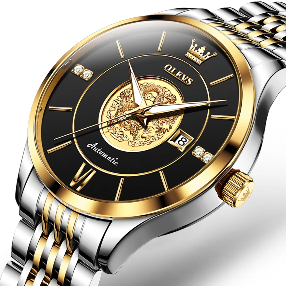 OLEVS Luxury 3D Chinese Dragon Automatic Watch for Men Classic Waterproof Stainless Steel Mechanical Original Date Wristwatch