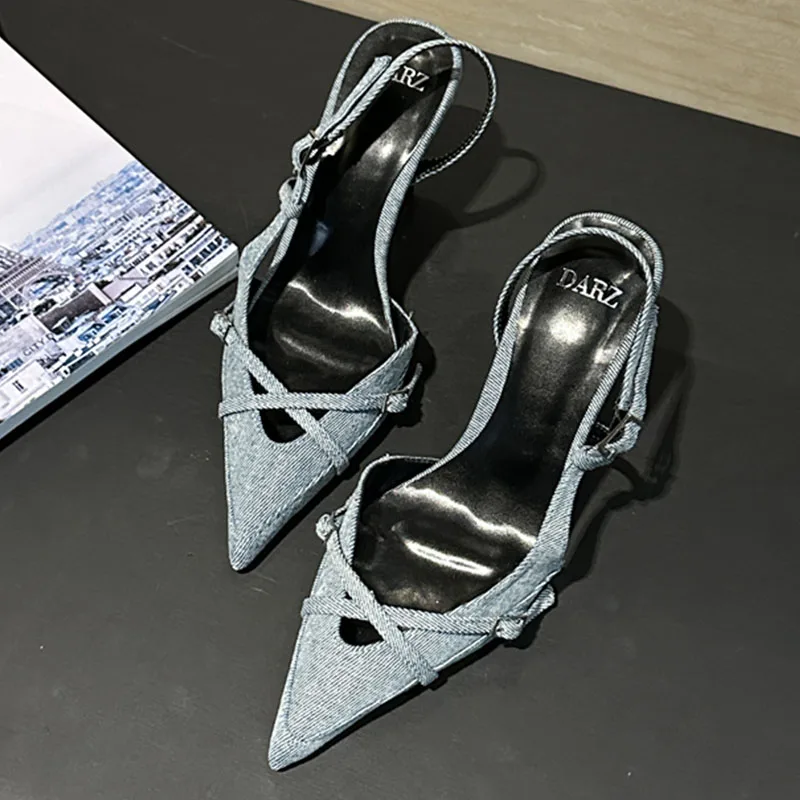 2024 Summer New Brand Women Sandal Fashion Pointed Toe Shallow Slip On Slingback Shoes Thin High Dress Pumps Shoes New Woman