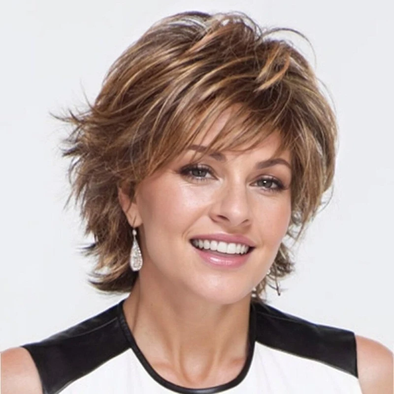 

Women's short wig with outward curls long straight hair in a mixed color of brown and gold