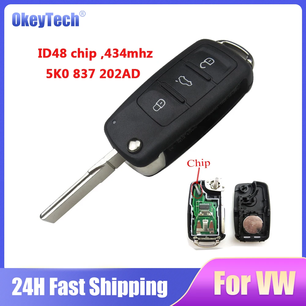 

Okeytech 5K0837202AD Remote Key 434Mhz ID48 Chip 3 Buttons For VW Volkswagen GOLF PASSAT Tiguan Polo Jetta Beetle Hella