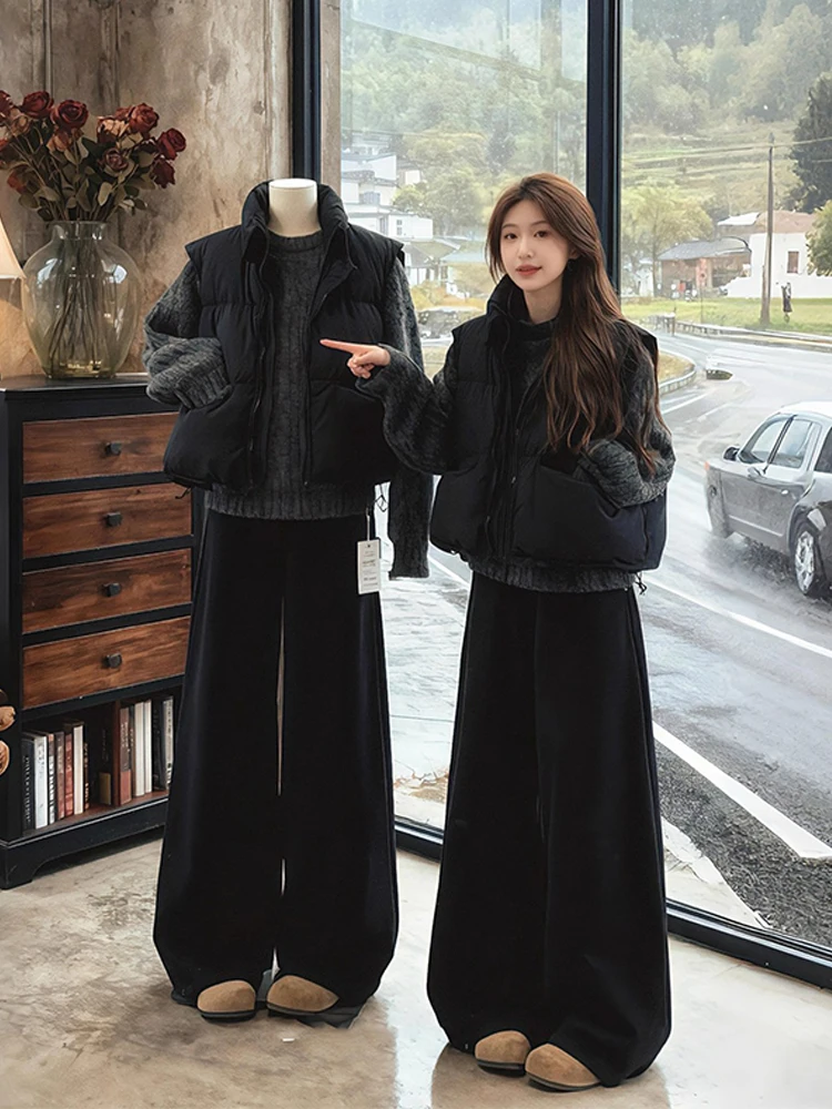 

Вязаный свитер Laid-ba, хлопковые брюки с широкими штанинами, комплект из трех предметов: женский модный повседневный теплый зимний костюм с длинными рукавами