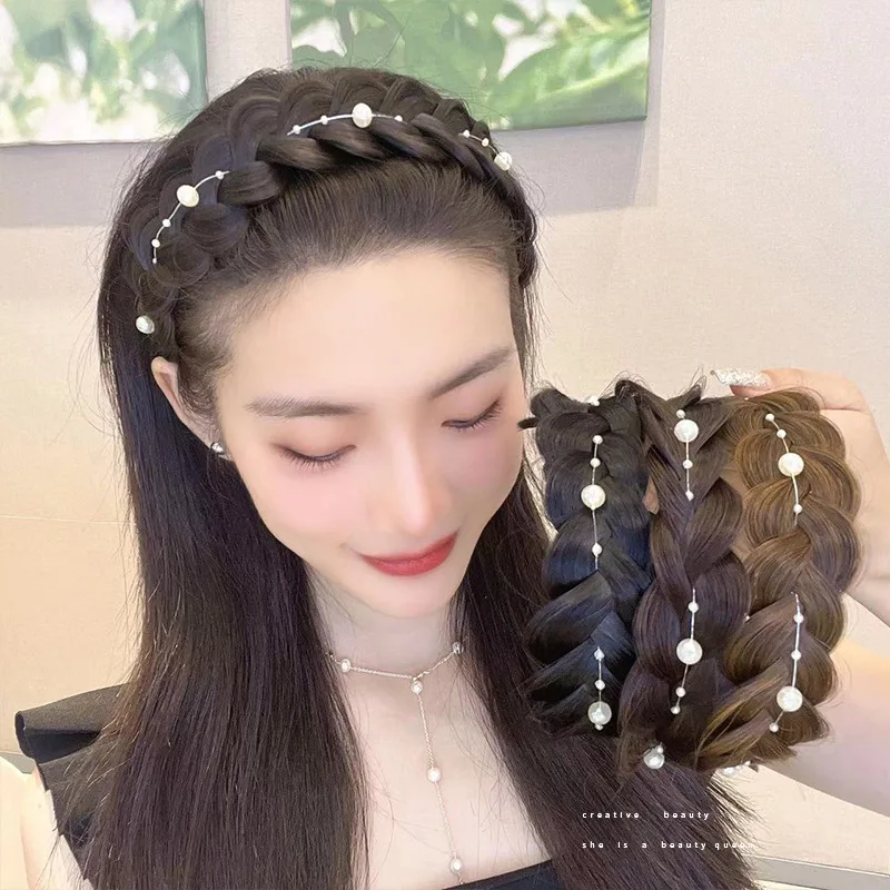 New Pearl Fishbone Briad Wig Hairbands for Women Wide Twist Pearl Sring Teeth Headband Retro Hair Accessories Headwear