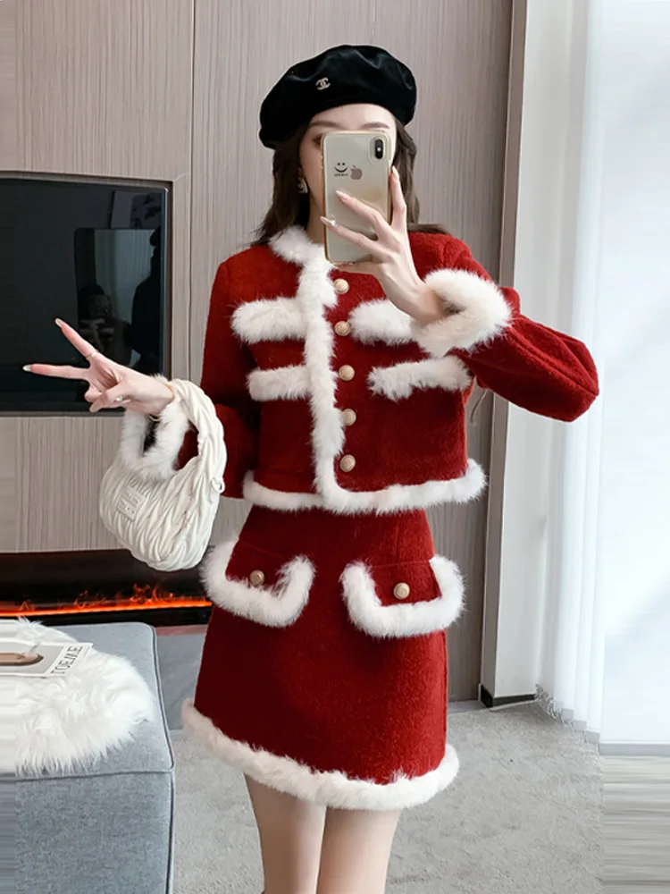 

Высококачественная новогодняя красная меховая куртка, костюмы с юбкой, женское осенне-зимнее темпераментное шерстяное пальто, длинная юбка, офисный женский комплект из двух предметов