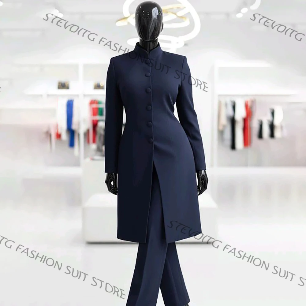 

Daily Casual Women's Navy Blue Mandarin Collar Suit Set Single Breasted Long Jacket+Pants 2 Pieces Office Lady Formal Outfit