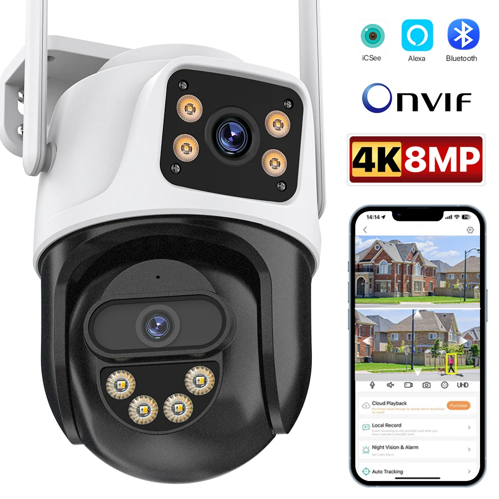 8MP 4K HD Wifi Camera Human Detection Security Outdoor Dual Screen Network Camera CCTV Surveillance PTZ Camera iCSee