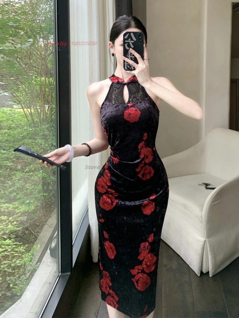 

2025 chinese improved cheongsam sleeveless qipao retro flower print sexy evening banquet dress lace velvet patchwork qipao dress