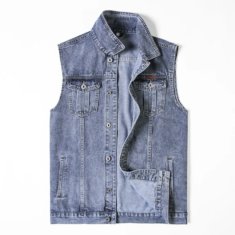 

Spring Autumn Brand Denim Vest Jacket Men Cotton Multi Pocket Sleevless Jean Jacket Fashion Waistcoat Coat Plus Size 5XL 6XL 7XL