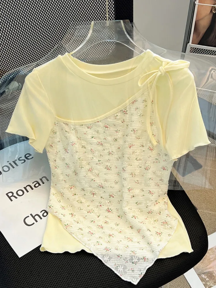 

Chic ort Sve T-irt Women's Summer Irregular Fake Two-Piece Design Sensation Unique Exquisite ort Top Korean Sle Co...