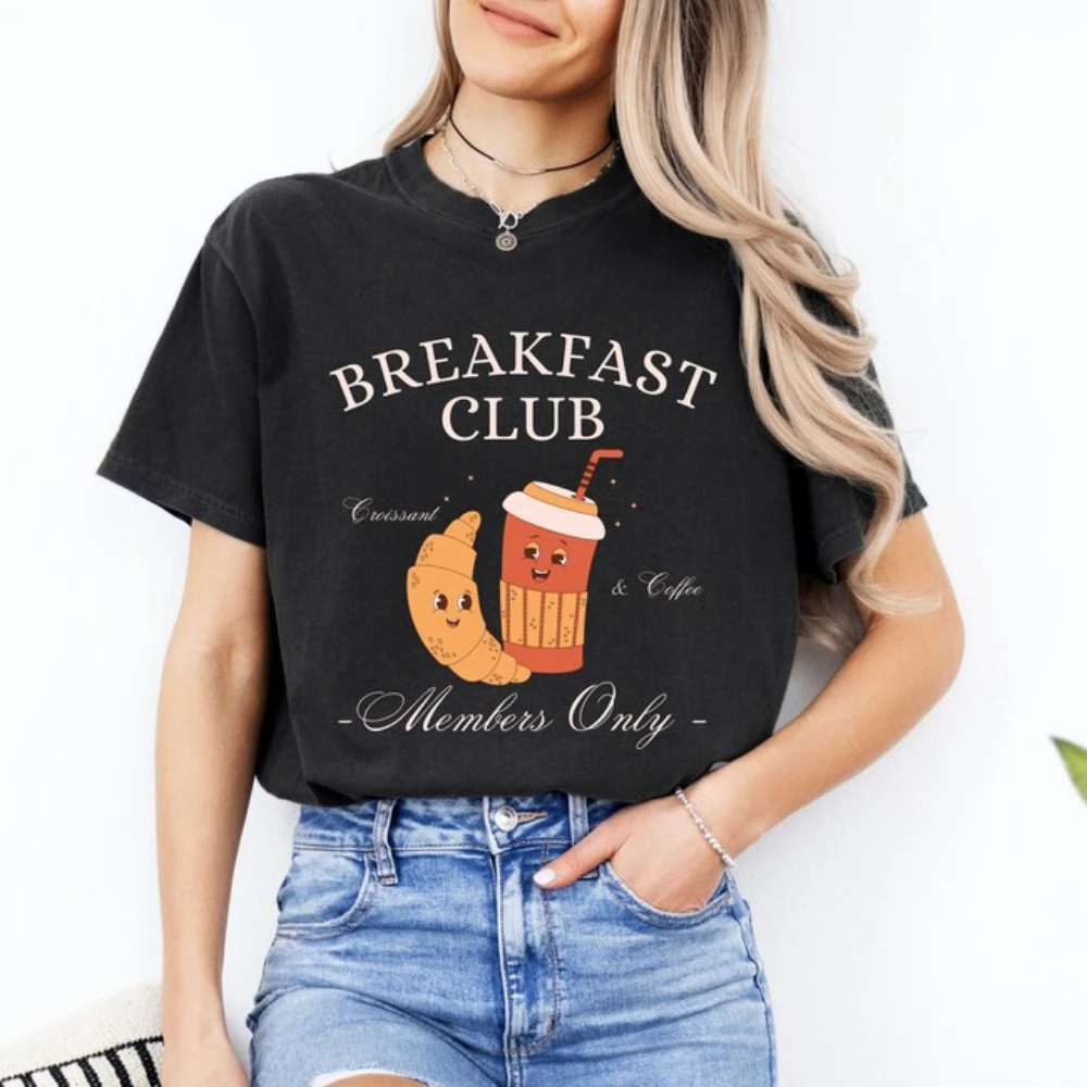 Breakfast Club T-Shirt Croissant Cotton Shirt Coffeetee Cute Coffee Croissant Tshirts Coffee Lover Croissant Lover Funny Gift