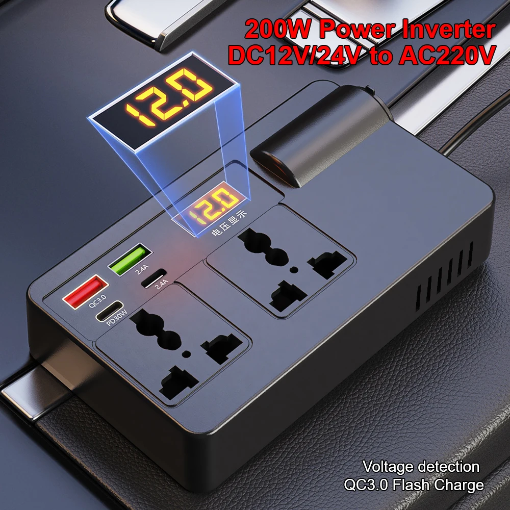 Car Inverter Power Adapter 200W DC 12V/24V to AC 220V Converter QC 3.0 USB/PD/Type-C Chargers Voltage Detection ON/OFF Switch