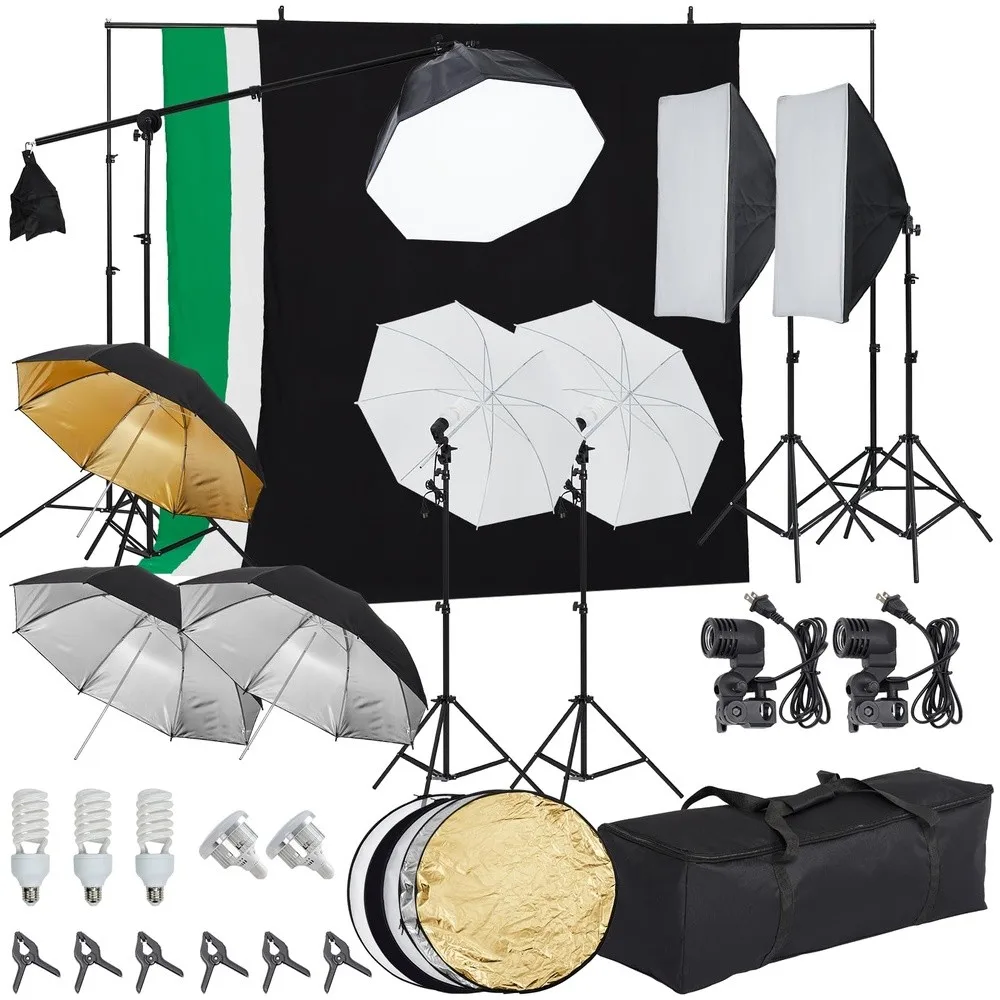 Photography Lighting kit with Backdrops 8.5ftx10ft Backdrop Stand 5 tripod stands and Bulb Umbrella Softbox Continuous