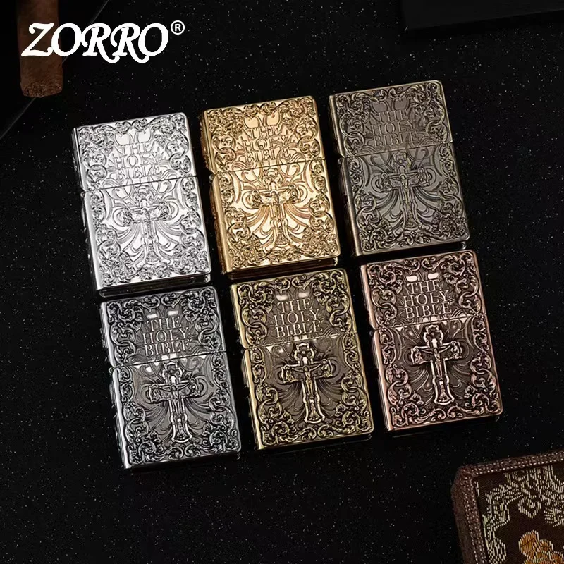 ZORRO Armor Bible Embossed Pure Copper Kerosene Lighter Classic Grinding Wheel Ignition Windproof Cigarette Accessories Gadgets