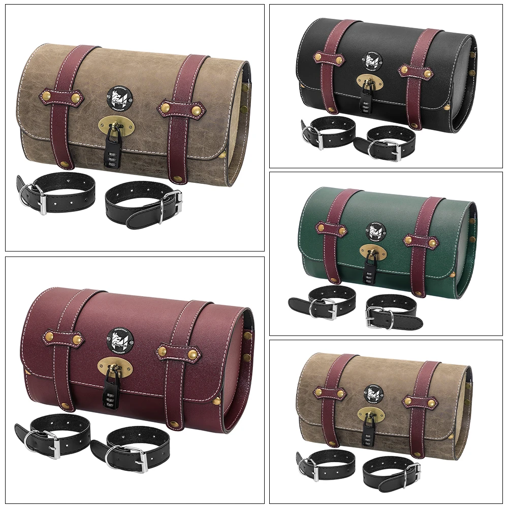 Motorcycle Tool Bag Motorcycle Barrel Bag Handlebar Tool Bag With Lock Waterproof PU Leather Cool Retro Saddlebag For Motorcycl
