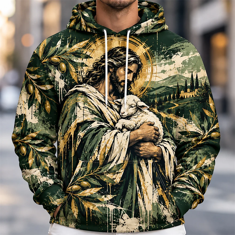 Jesus Crown of Thorns Hoodie for Men Black and White Splash 3D Printed Pullover Hoodie Christian Faith Graphic Hooded Sweatshirt