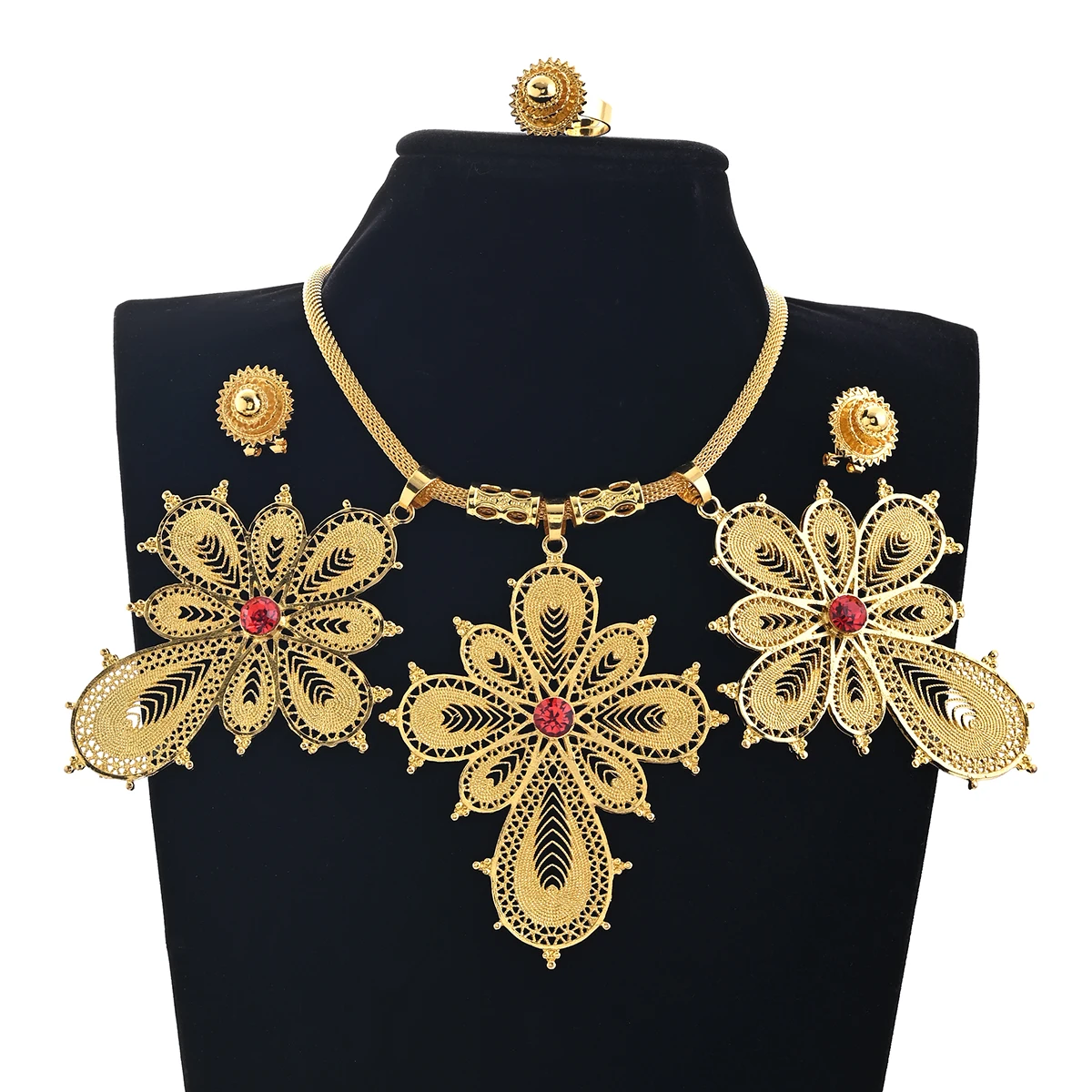 

24K Gold Color Ethiopia Women Jewelry Necklace Earring Ring African Arab Bridal Set Israel Habesha Eritrea Party Gift