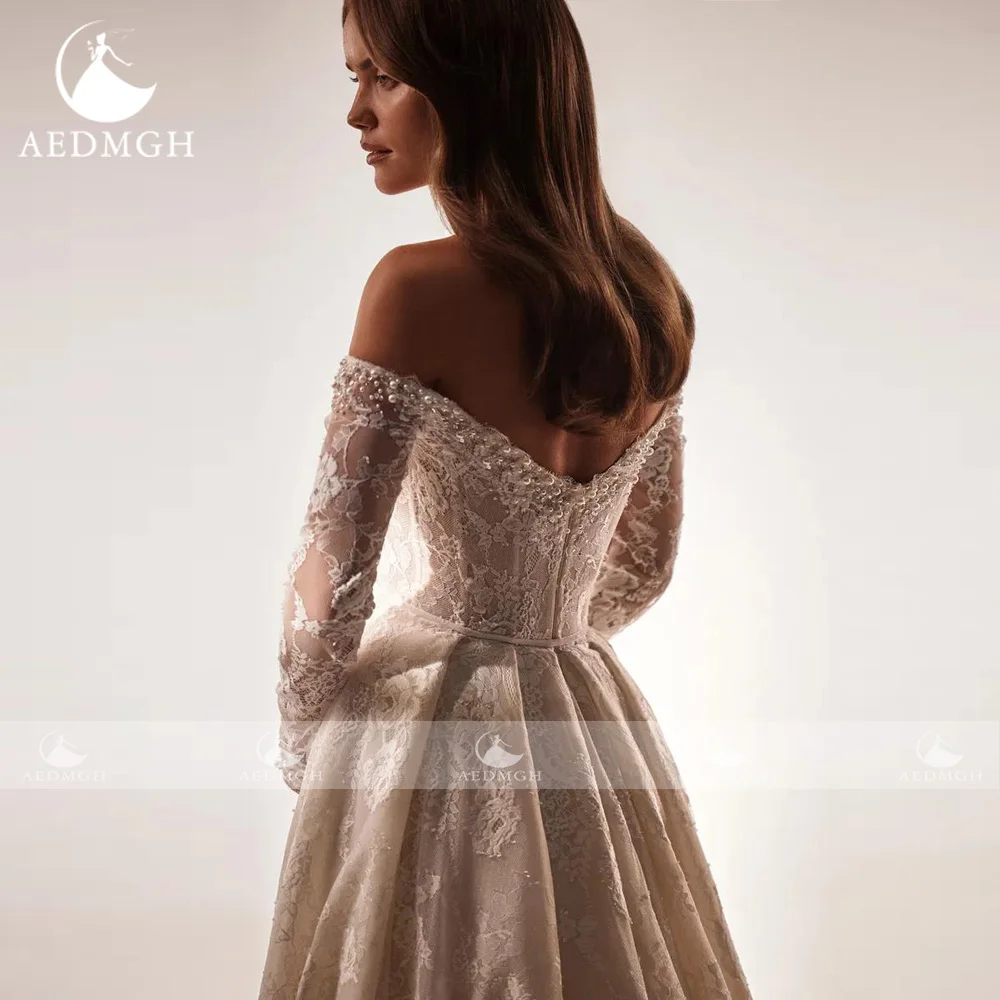 Gaun Pengantin Elegan A-Line Aedmgh Gaun Pengantin Buatan Khusus Seksi Bordir Renda Gaun Pengantin Bahu Terbuka Sayang