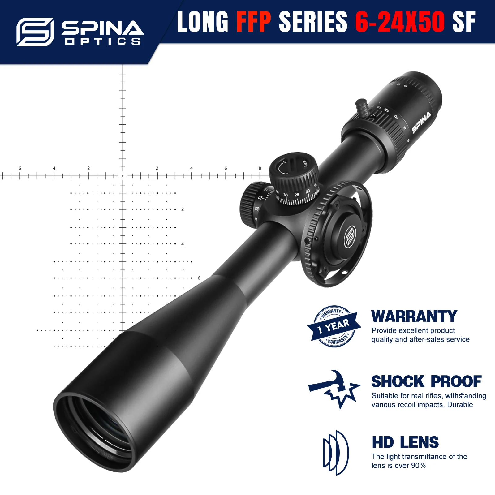 

SPINA OPTICS HD 6-24x50 FFP Tactical First Focal Plane Riflescope 1/8 MOA Min Focus 10yds Hunting Rifle Scope Fit AR.223.308 etc