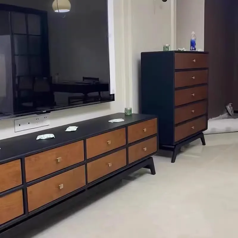 

French retro solid wood TV cabinet double color display cabinet medium antique living room locker simple wall video
