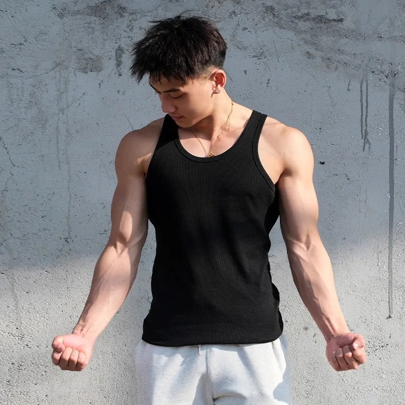American Style Threaded Vest Men's Autumn Winter Elastic Slim Fit Base Layer Fitness Training Sleeveless T-Shirt Top