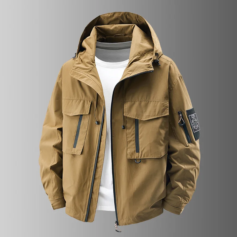 سترة عمل خارجية بقلنسوة للرجال لربيع وصيف جديد لعام 2025 بتصميم فضفاض للرجال