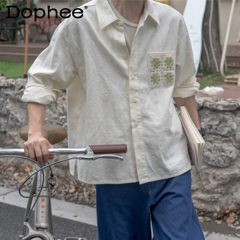 

2026 Men's Spring New Fashion Embroidery Pocket Decoration Long Sleeve Shirts Elegant Men's Tops Single-breasted Handsome Shirts