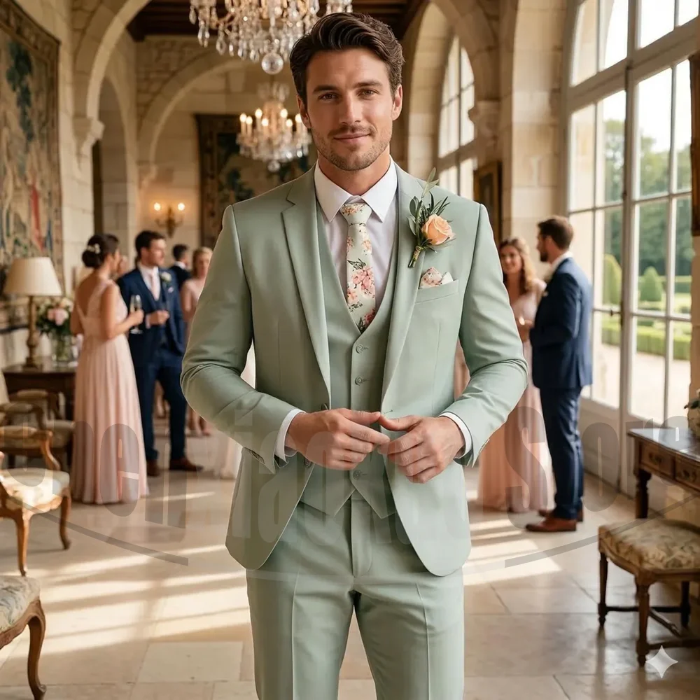 

Mint Green Men Suit 3 Piece Set Single Breasted Formal Wedding Groom Tuxedo Blazer Pants Vest For Prom Party Business Slim Fit