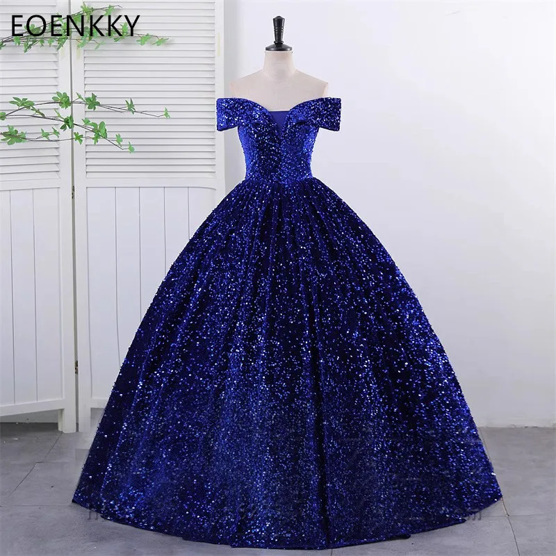 Customized Women's Evening Dresses Sparkling Squin Off Shoulder Short Sleeved A-line Ball Gown Formal Wedding Party Dresses