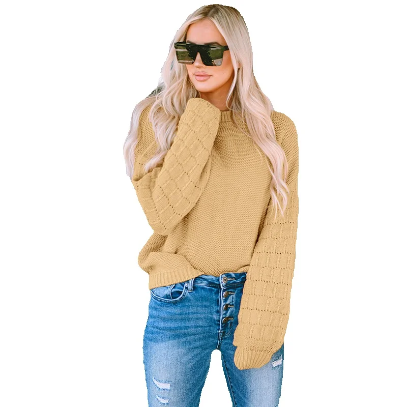 

Casual And Versatile Warm Solid Color Sweater For Women In Early Autumn, New Hollowed Out Bubble Sleeve Top