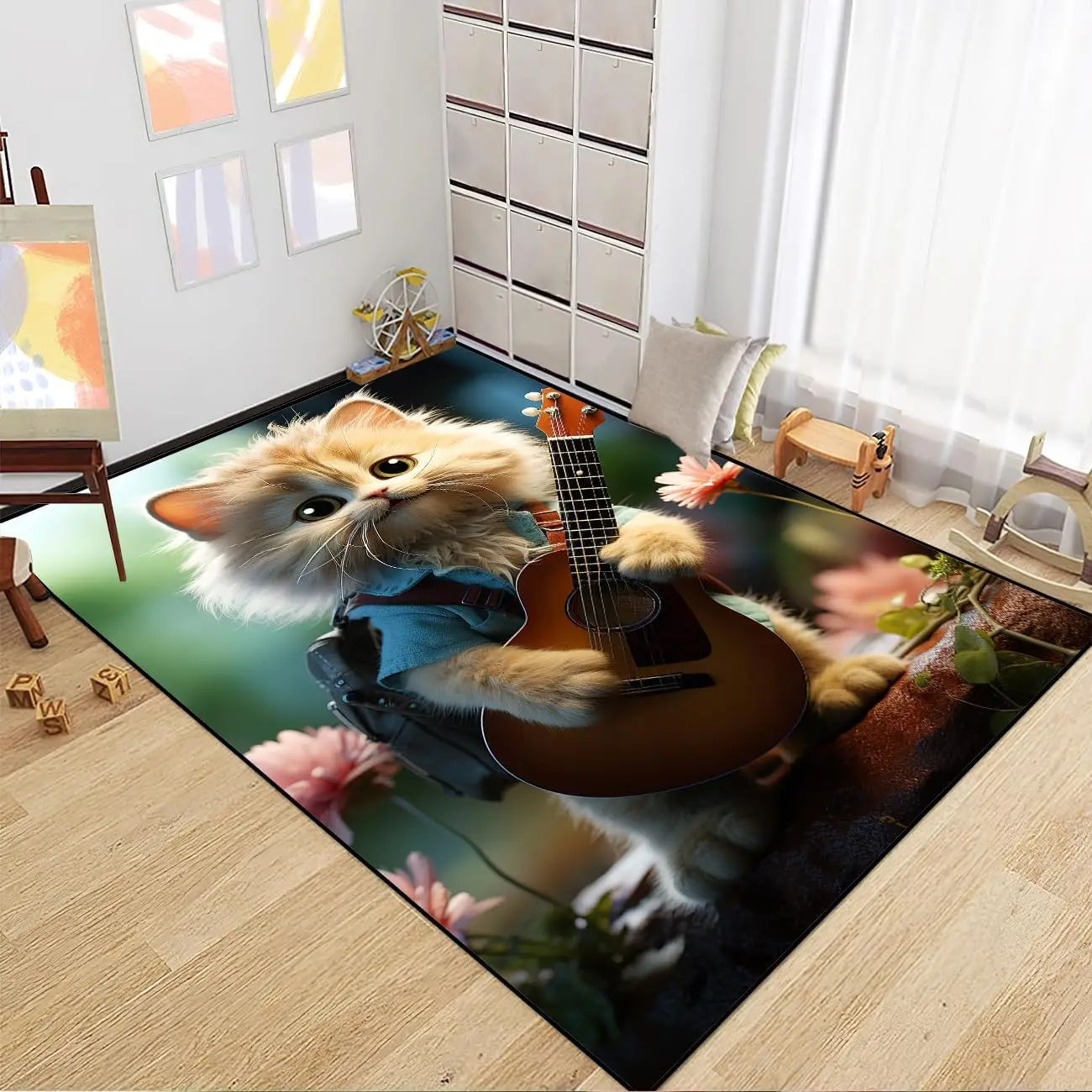 Cat Rug - Guitar Cat Rugs Room Decor for Boys Girls Kids, Cute Animal Carpet for Bedroom Living Room Sofa Floor Mat Doormat