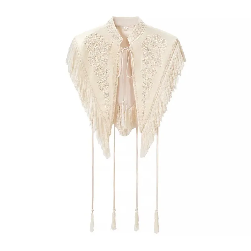 Women Heavy Embroidered Fringe Cape Top Stand Collar Tie Front Tassel Shawl Boho Hollow Out Casual Outer Blouse
