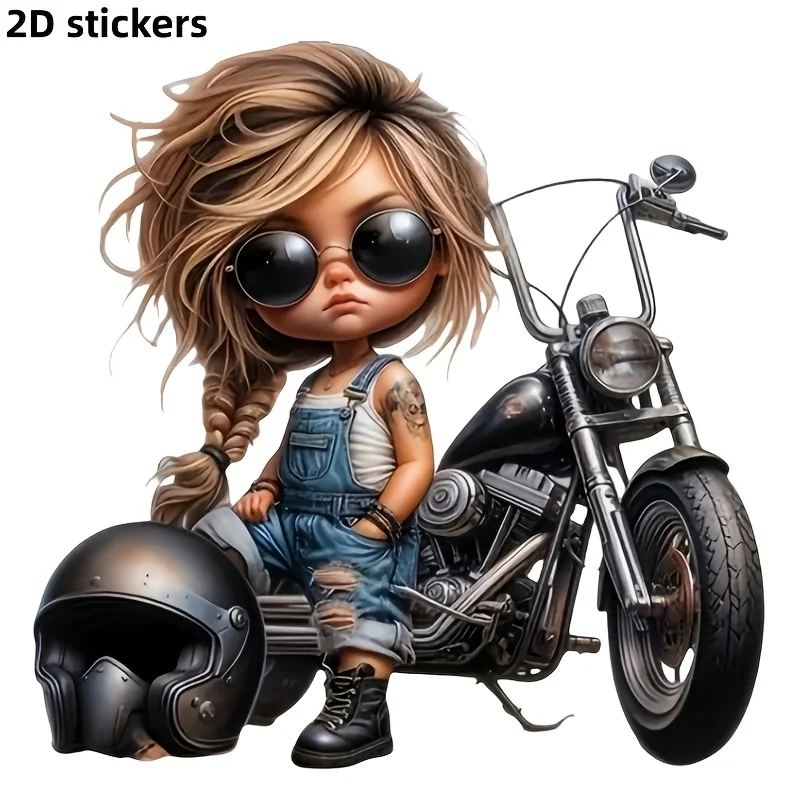 Cute Q Version Biker Girl 2D Vinyl Sticker, Tattoo Design Decal with Helmet for Car & Laptop, Ideal Gift for Motorcycle Lovers