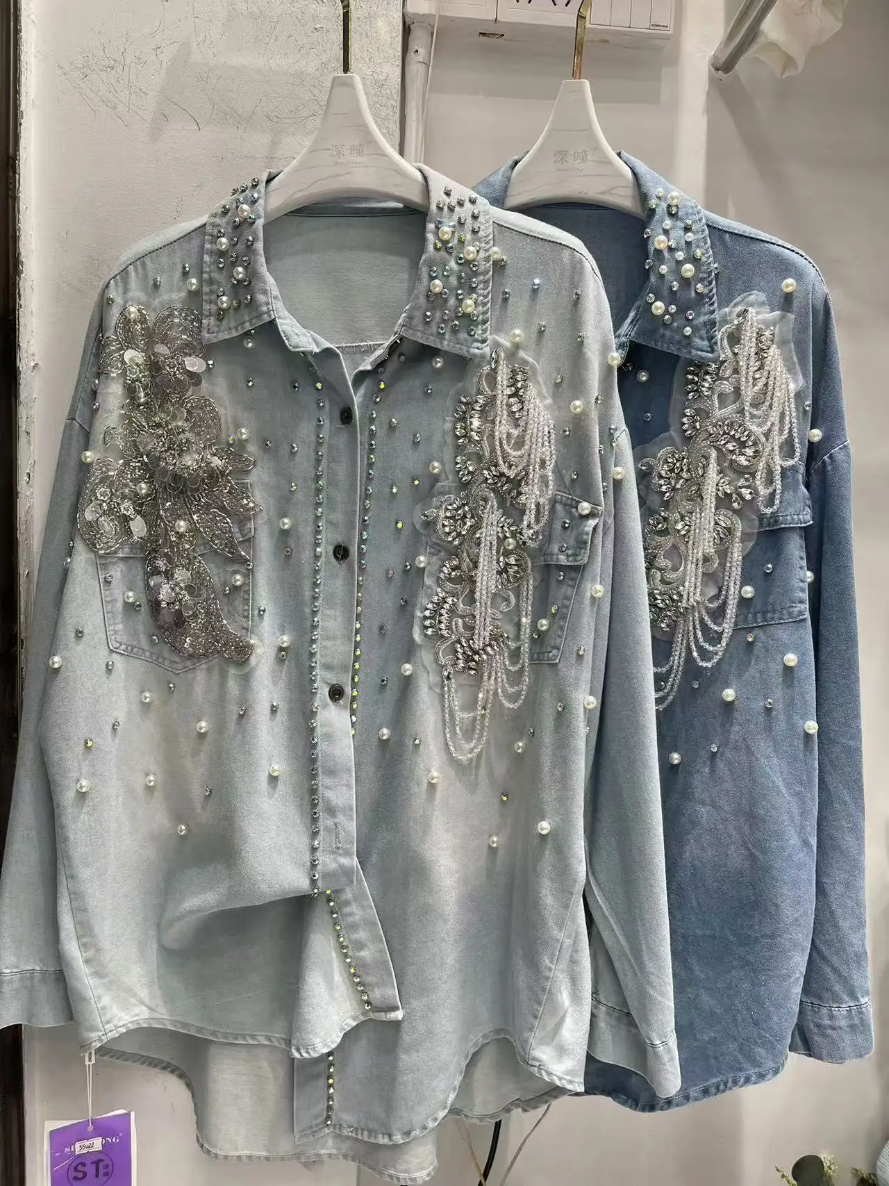 New In 2024 Autumn Trend Crystal tassel Stitch Denim Shirts and Blouses Women\'s Loose Casual Denim Top  Jacket Woman Clothes