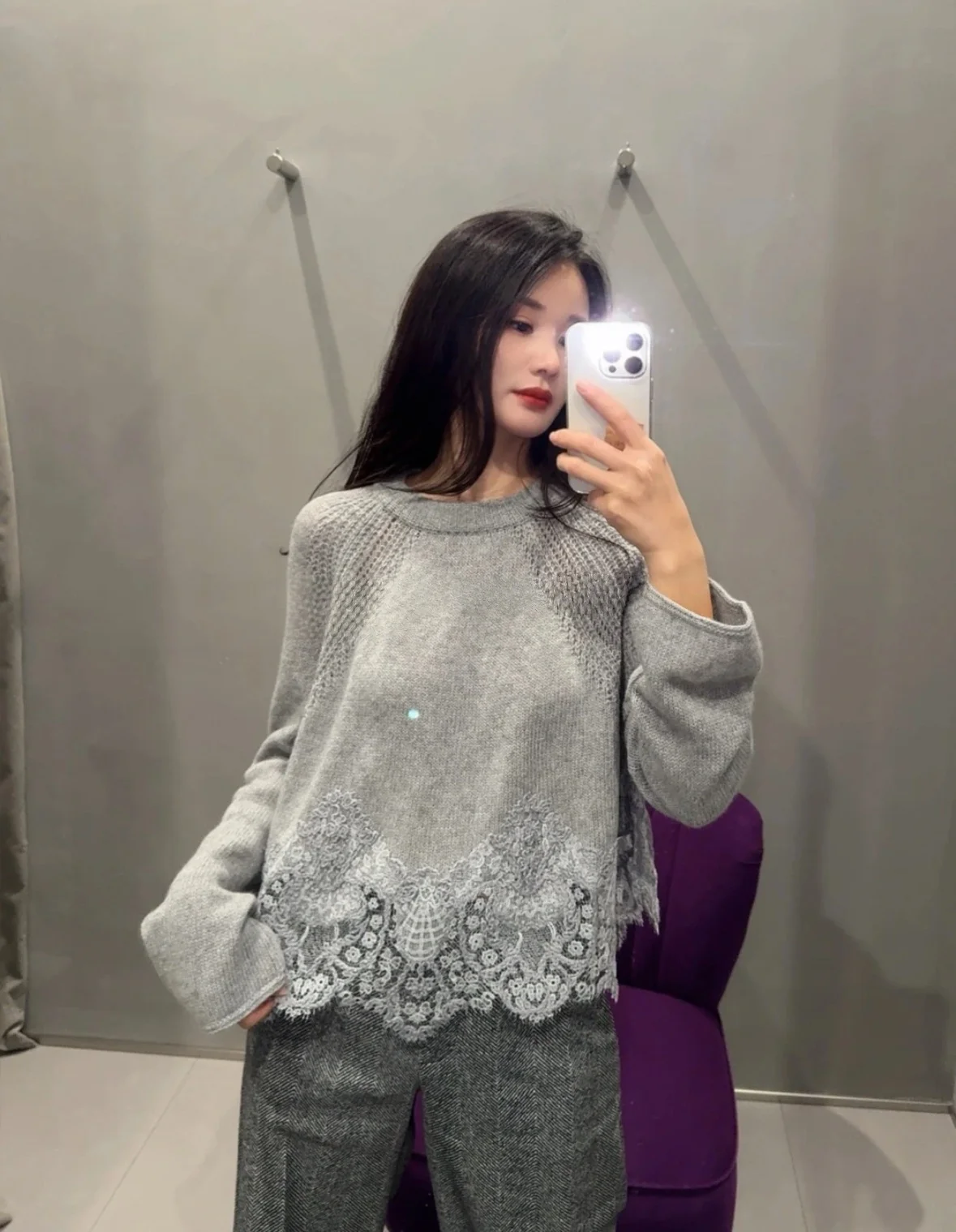 Naizaiga 10% Cashmere 90% Wool O-Neck Long Sleeve White Gray Black Lace Patchwork Women Pullover Sweaters XY147