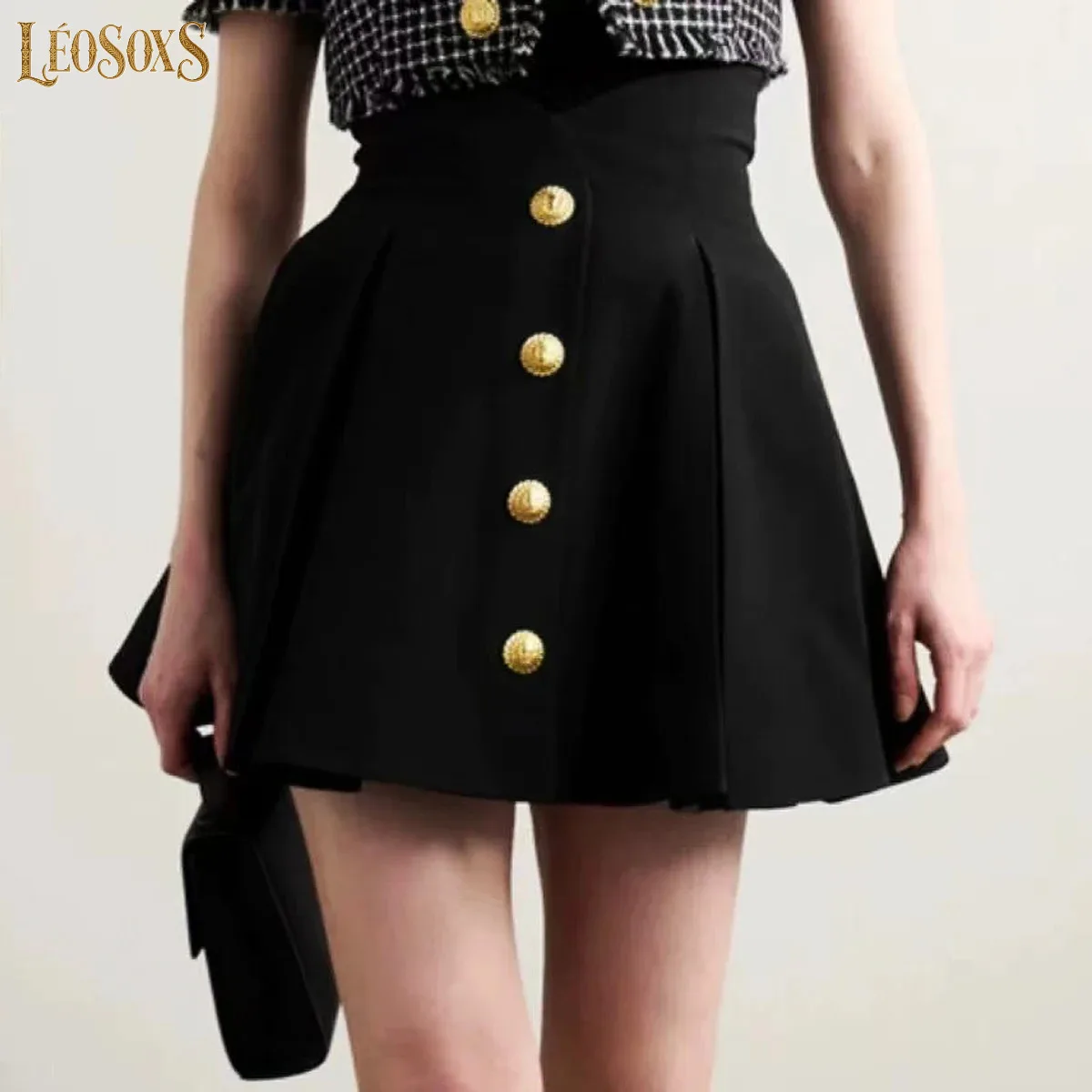 LEOSOXSHigh Quality Summer New Product Fashionable Temperament Commuting High Waist Short Gold Buckle ALine Skirt