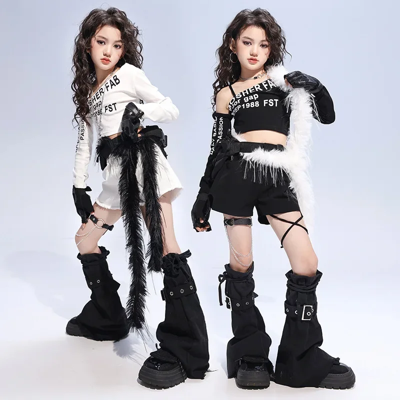 Kid Kpop Hip Hop Clothing White Black One Shoulder Crop Top T Shirt Street Lace Up Shorts for Girl Jazz Dance Costumes Clothes