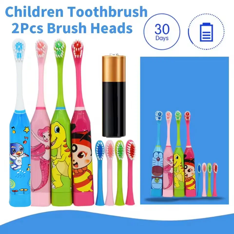 Child Electric Toothbrush Cartoon Patterns Soft DuPont Bristle Cleaning Battery Toothbrush IPX7 Waterproof With Replaceable Head