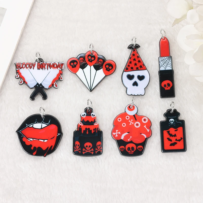 8 Pcs Halloween Bloody Brithday Charms Skull Cake Balloon Mouth Flatback Acrylic Jewlery Findings For Jewelry Diy