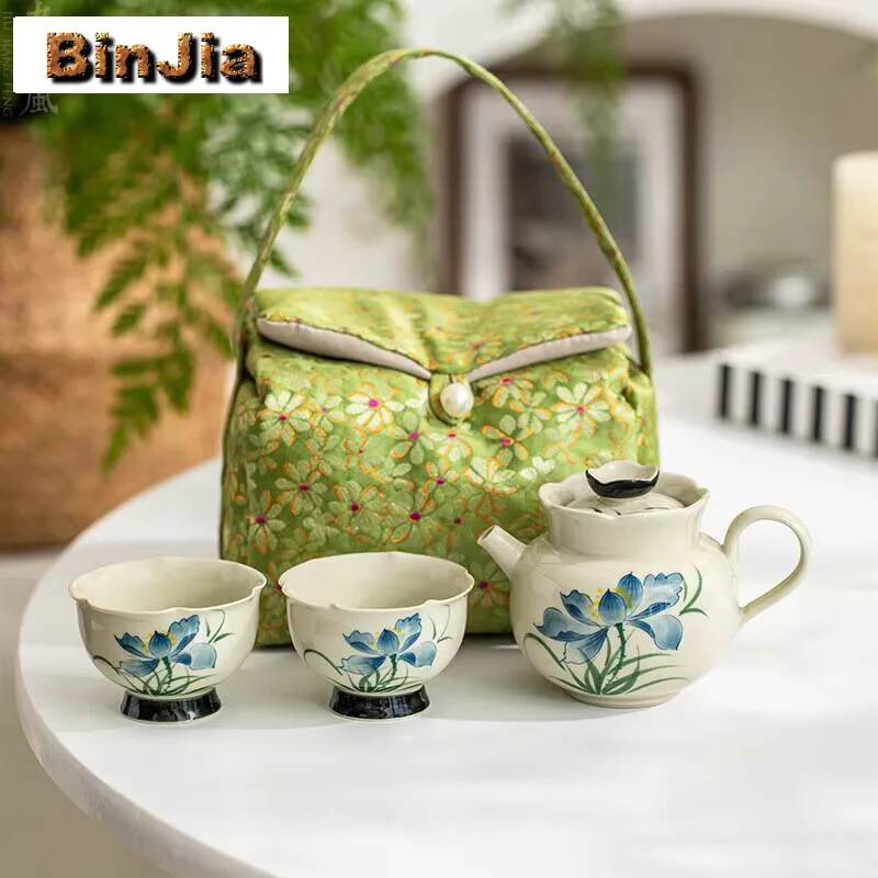 

Ручной нарисованный синий лотос, дорожный чайный сервиз, бутик, портативный набор для хранения, эстетический 1 горшок, 2 чашки, органайзер для заваривания, подарок