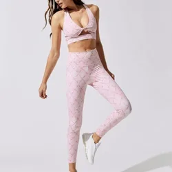 Pmwrun Sports Spring and Summer Hot Sale 3D Printed Front Cross Tank Trousers Sports Fitness Yoga Suit