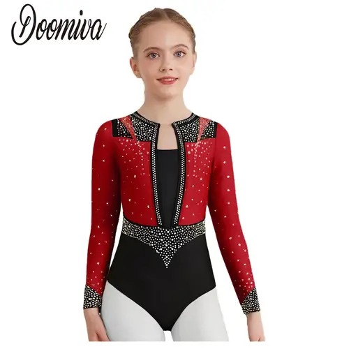 Imagen 2 del producto Leotardos de gimnasia rítmica con diamantes de imitación brillantes para niñas, mono de manga larga, Ropa de baile, patinaje artístico, trajes de espectáculo escénico