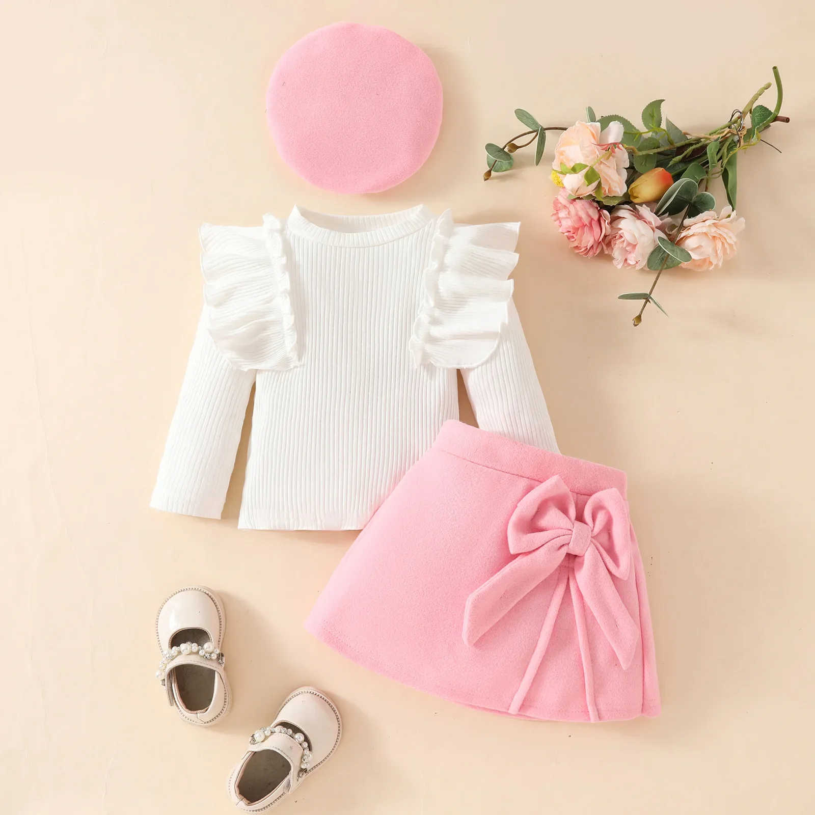 3PCAutumn 1-3 Years Old Baby Girl Clothes Set Fashionable Foreign Style Lotus Leaf Side Length Sleeve Top+ Bow Skirt Hat Outfit