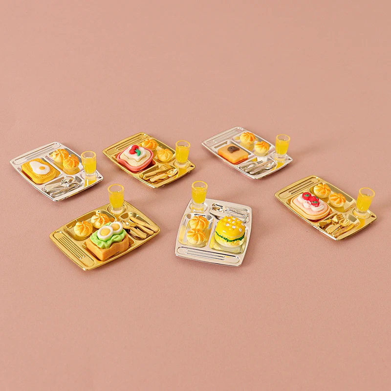 1/12 Dollhouse Mini Bread Hamburger Juice Set Simulation Kitchen Breakfast Food For Dolls House Decor Kids Pretend Play Toys