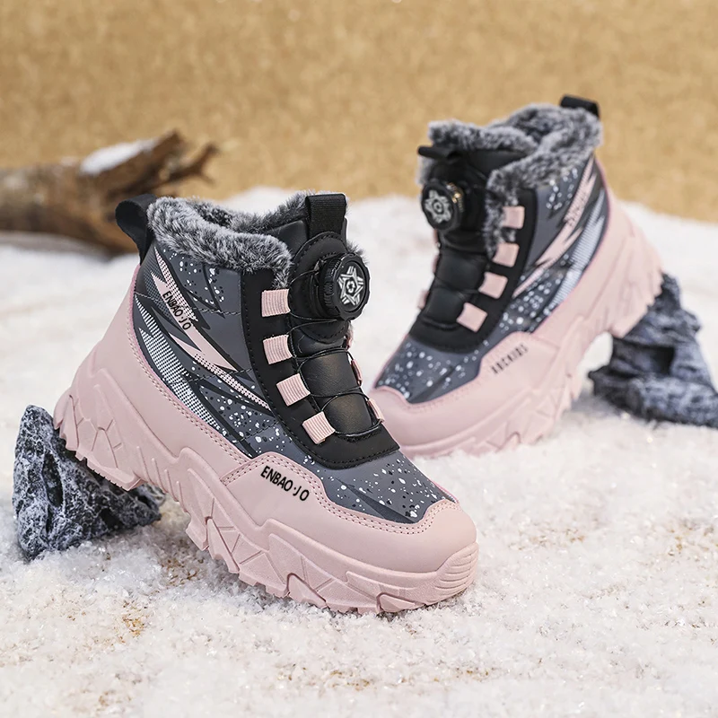 Stivali da neve con fibbia rotante Scarpe da ginnastica alte invernali per ragazza Scarpe da ginnastica alte per bambini Stivali da esterno antiscivolo più in velluto Stivali caldi in cotone per bambini