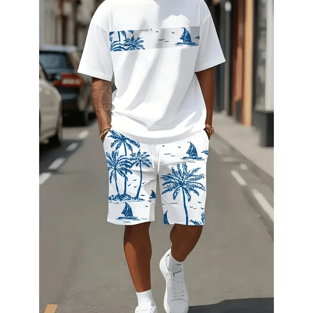 

Men's Palm Tree Short Sleeve Set Hawaii Fashion Print T-Shirts Oversized Shorts Holiday Beach Short Sleeve Shorts Two-Piece Set