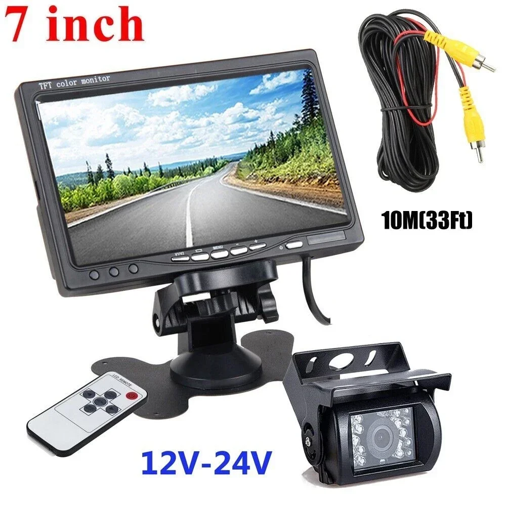 

QueenDer 12-24v For RV Truck Bus Van Car IR Back Up Camera Night Vision System 7" Rear View Monitor 10m AV cable