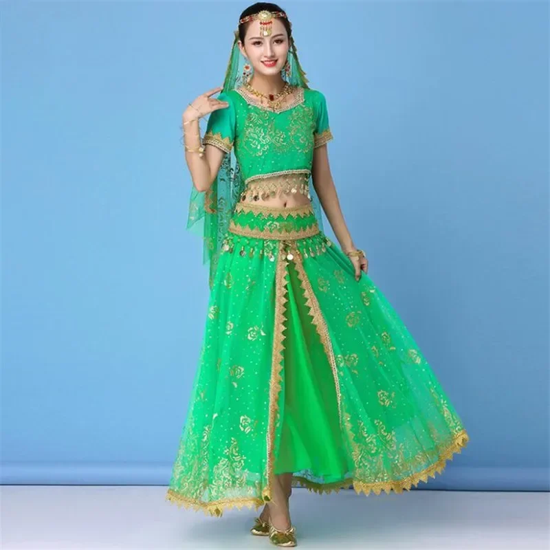 Indian Costumes Set Bollywood Belly Dance Stage Performance Chiffon Top Waist Chain Skirt Women Props