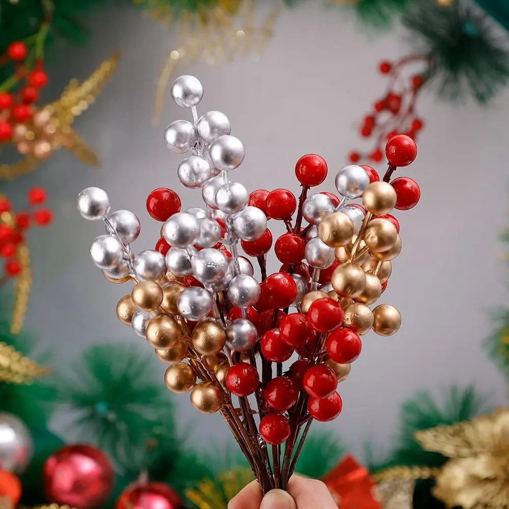 15Pcs 7 Heads Christmas Berry Branches Simulation Xmas Wreath Dress Up Artificial Berries Props Red Holiday Party