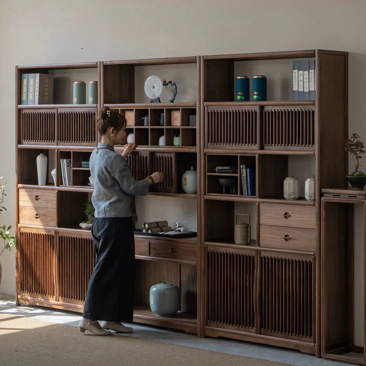 New Chinese Solid Wood Bogu Shelf Black Walnut Bookcase Display Cabinet Old Elm Duobao Pavilion Bookshelf Tea Room Shelf